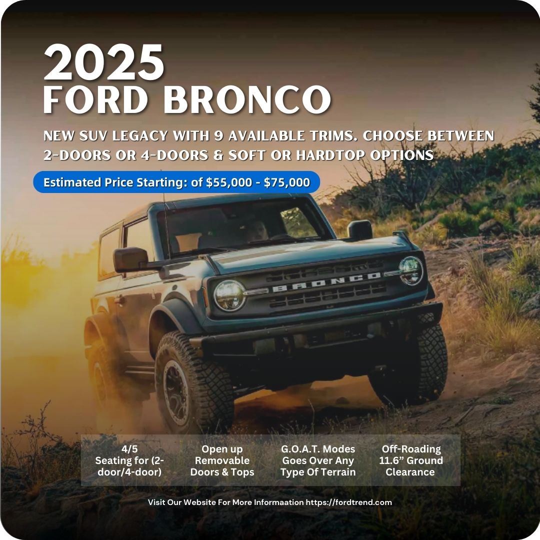 2025 Ford Bronco:Unleash your inner adventurer with the Ford Bronco 2025 Ford Bronco SUV legacy with 9 available trims. Choose between 2-doors or 4-doors & soft or hardtop options