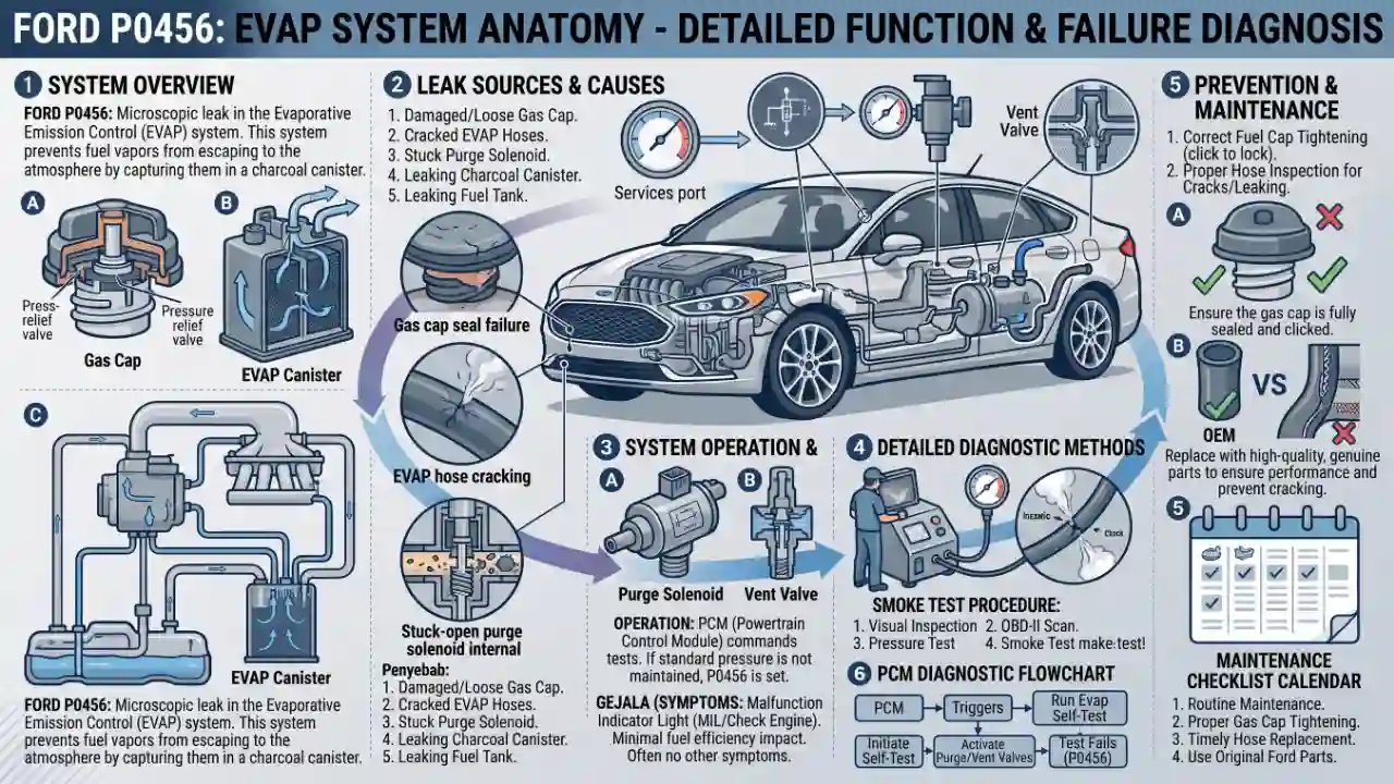 The P0456 code on a Ford vehicle signals that the Powertrain Control Module (PCM) has detected a very small leak (less than 0.020 inches) in the EVAP system, Ford P0456 EVAP Very Small Leak Diagram